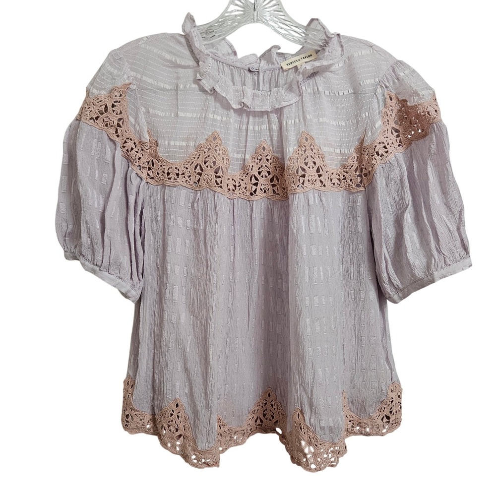 Rebecca Taylor Blouse Size 6 Lavender 100% Silk Crochet Lace Trim Clip Dot Boho